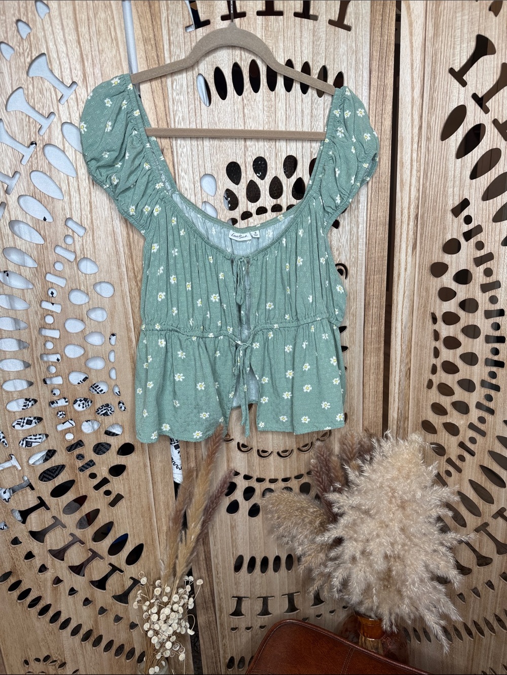 Smocked Sage Floral Crop Top with Puff Sleeves